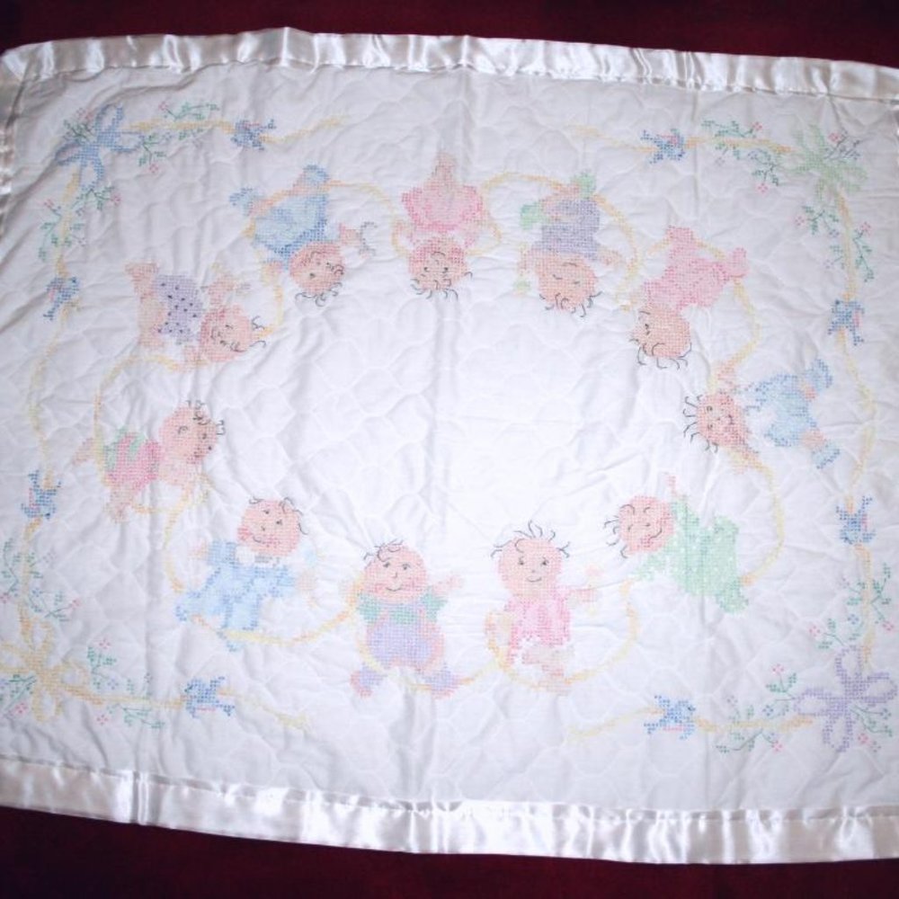 Hand Made Embroidered Baby Blanket Quilt Beautiful Babies Measures 43” x 34”